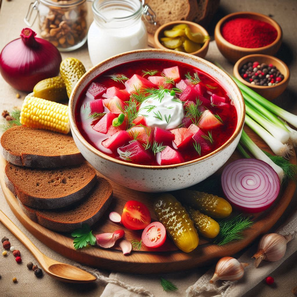 Beet soup with sour cream, bread, and pickles Beet soup with sour cream, bread, and pickles