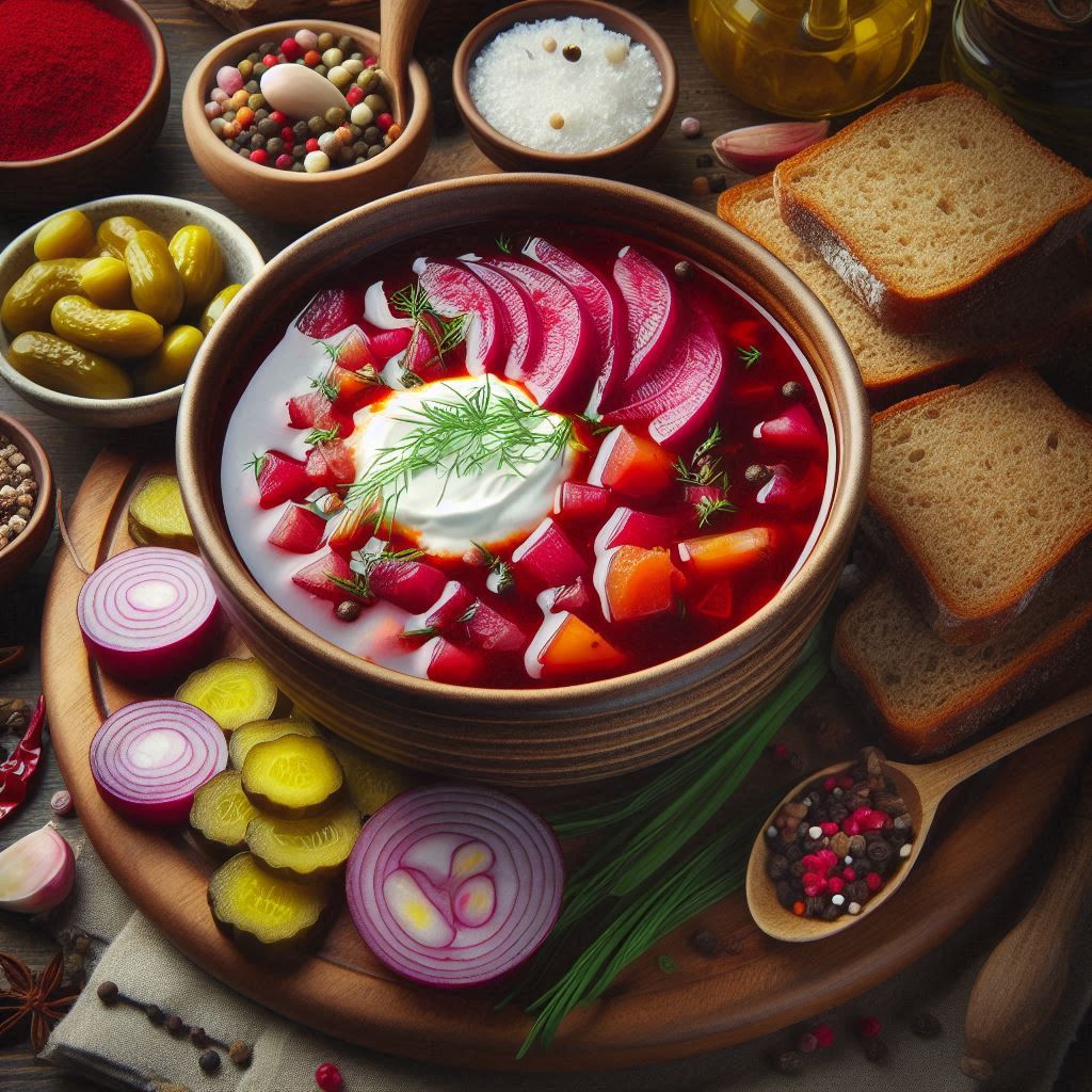 A bowl of borscht with sour cream and dill A bowl of borscht with sour cream and dill