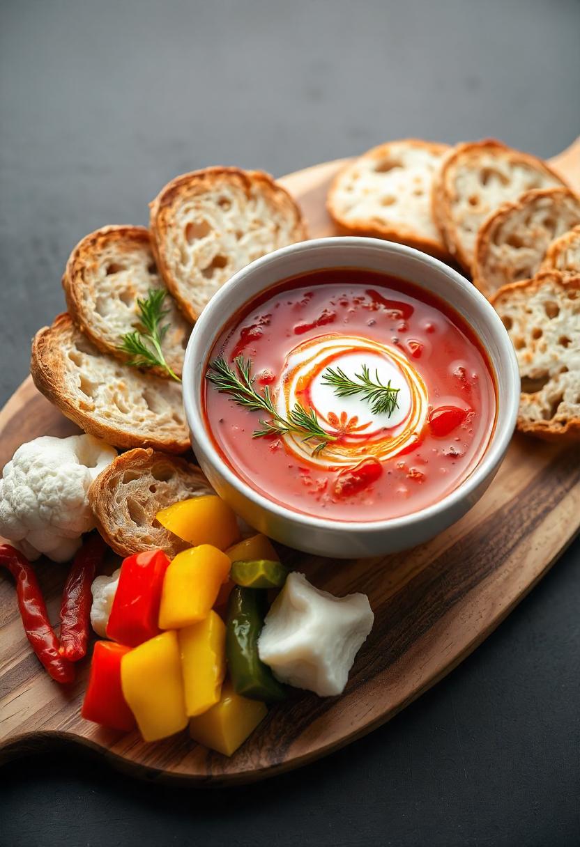 A bowl of red soup with bread and vegetables A bowl of red soup with bread and vegetables