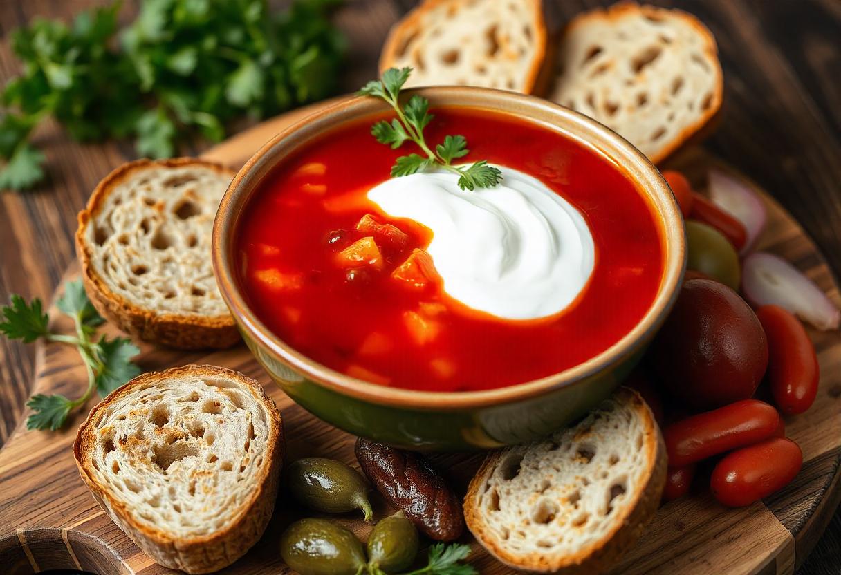 Bowl of borscht with sour cream and parsley Bowl of borscht with sour cream and parsley