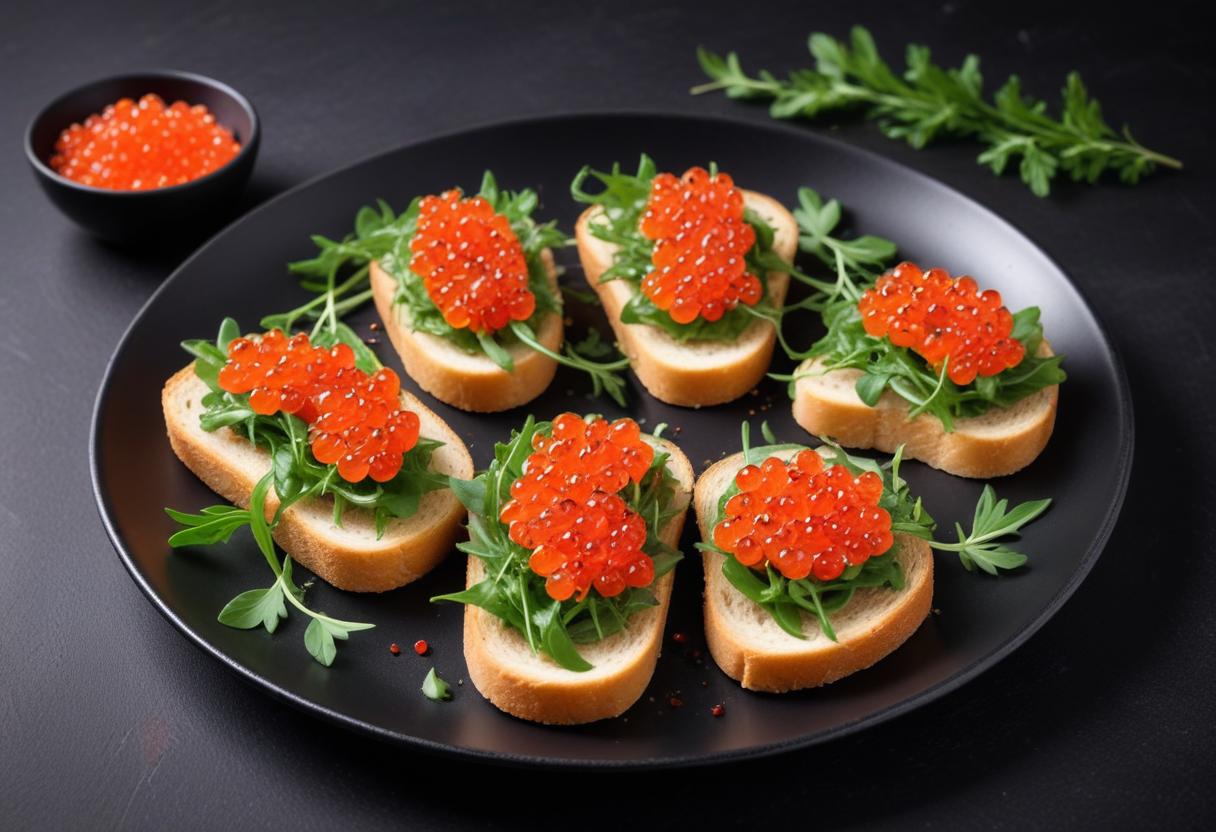 A plate of caviar and arugula appetizers A plate of caviar and arugula appetizers