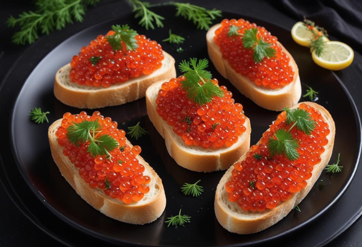 Five salmon roe canapés are arranged on a black plate Five salmon roe canapés are arranged on a black plate