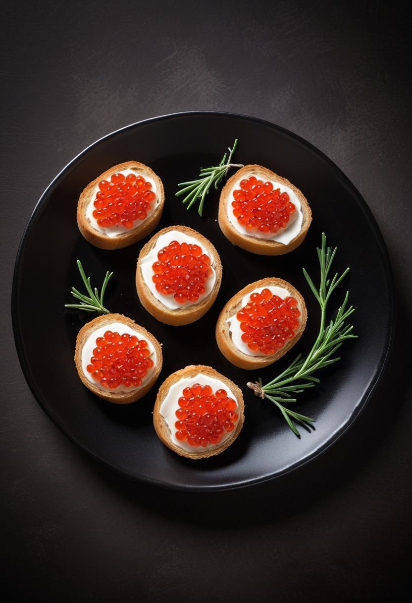 Six red caviar canapés on a black plate with rosemary sprigs Six red caviar canapés on a black plate with rosemary sprigs