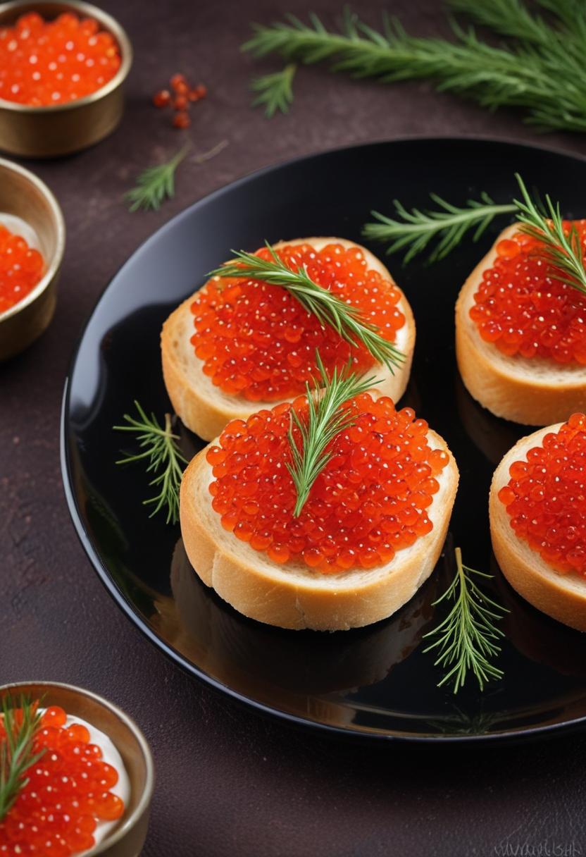 Red caviar on toast with dill sprigs Red caviar on toast with dill sprigs