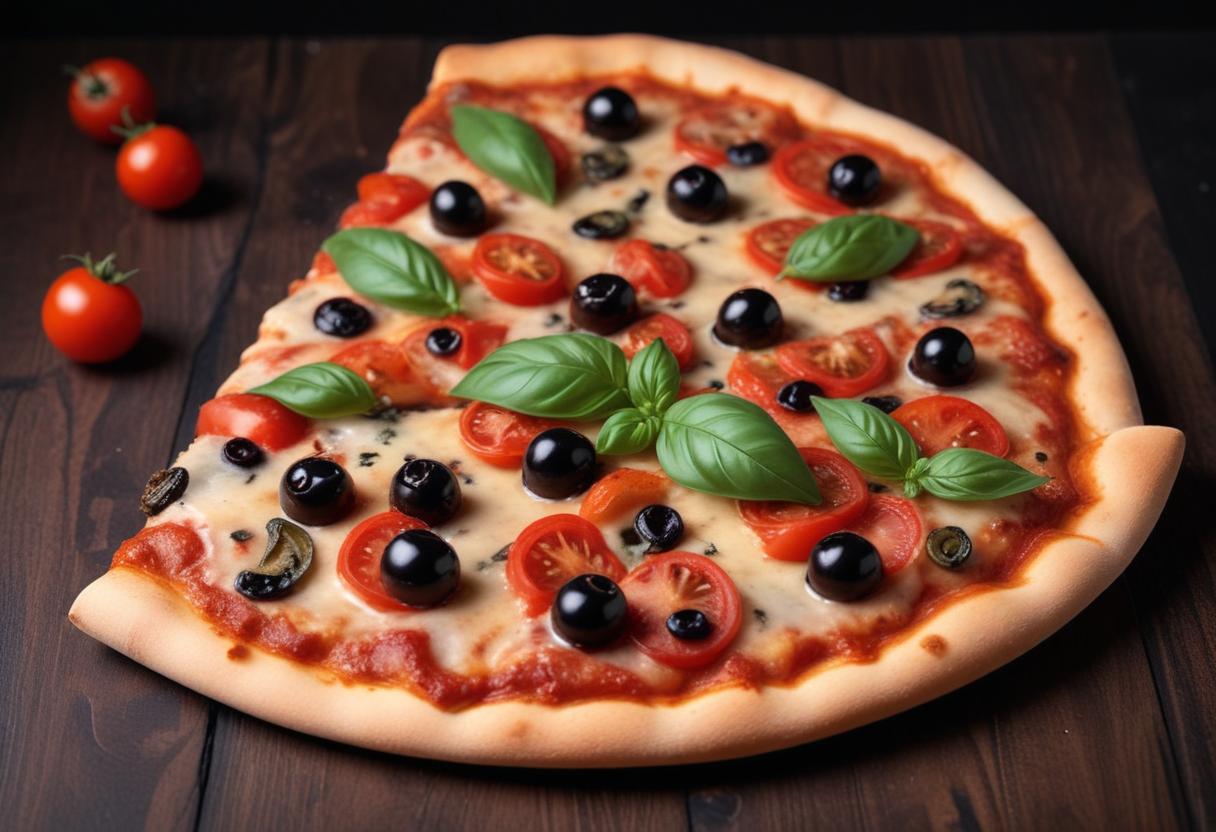 A delicious pizza topped with tomatoes, olives, and basil A delicious pizza topped with tomatoes, olives, and basil