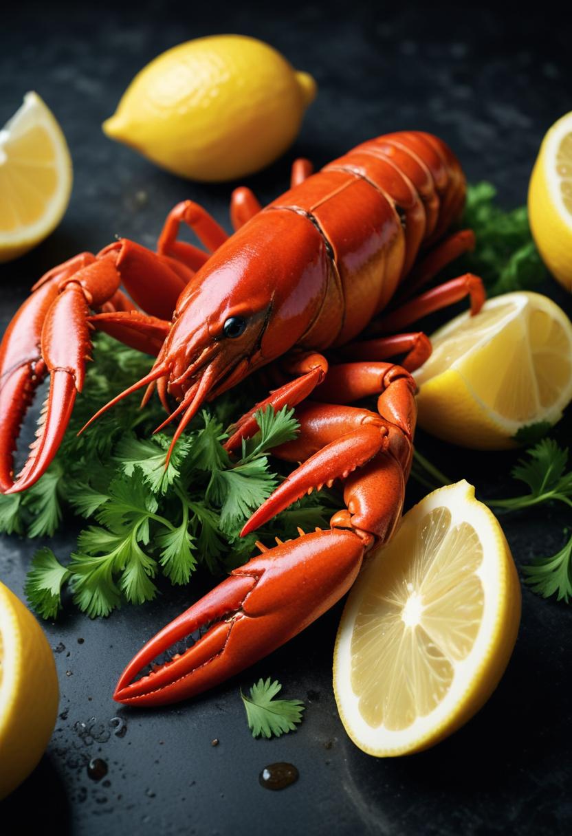 A cooked lobster with lemon wedges and parsley A cooked lobster with lemon wedges and parsley
