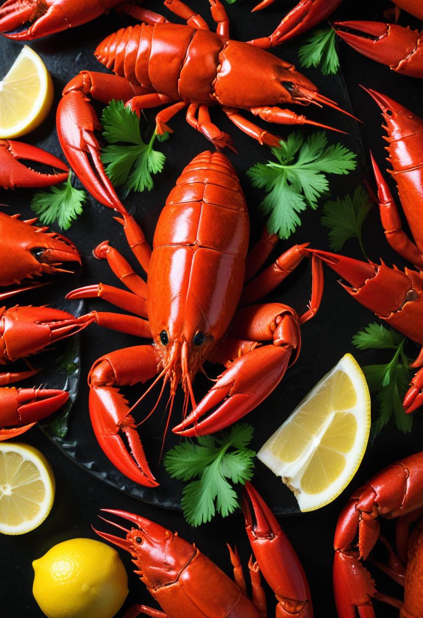 Red lobsters with lemon wedges and cilantro Red lobsters with lemon wedges and cilantro