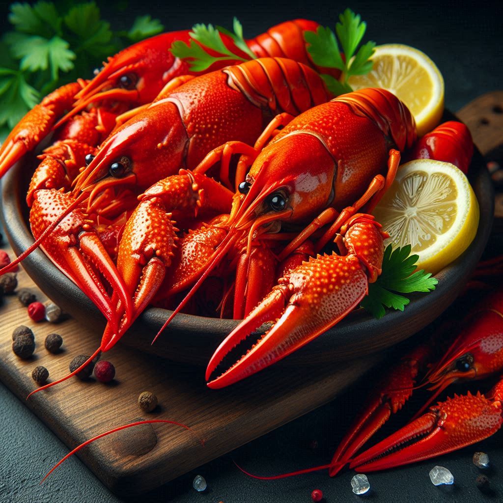 Cooked crawfish in a bowl with lemon wedges Cooked crawfish in a bowl with lemon wedges