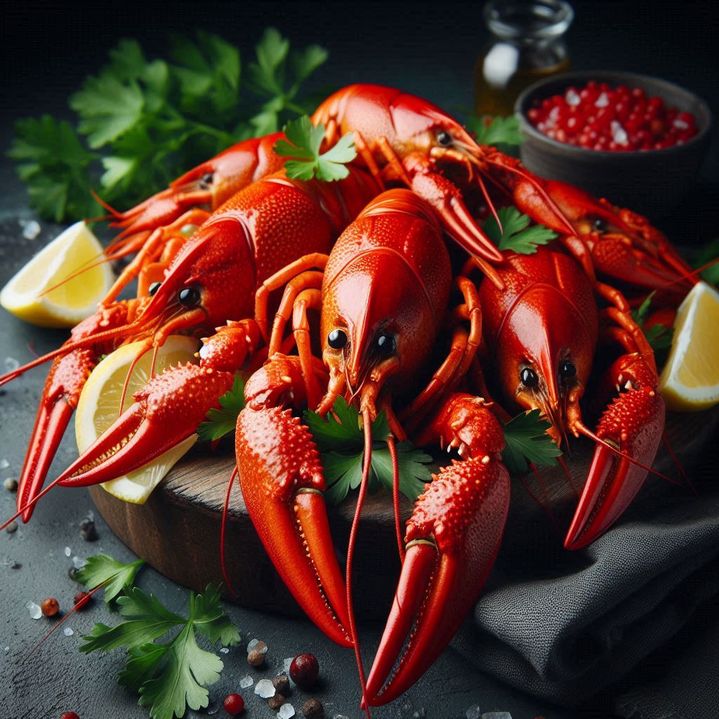 Cooked crawfish on a wooden board Cooked crawfish on a wooden board