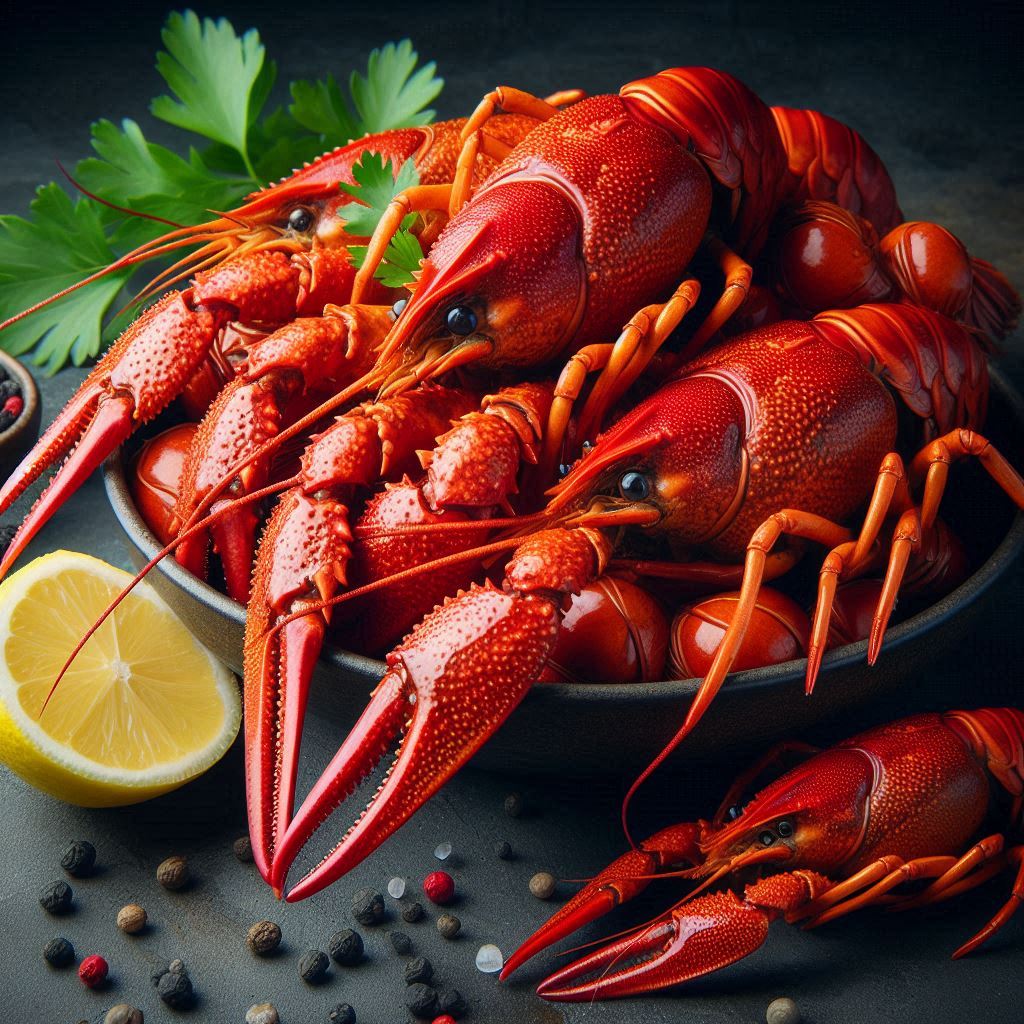 Cooked crayfish in a bowl with lemon and pepper Cooked crayfish in a bowl with lemon and pepper