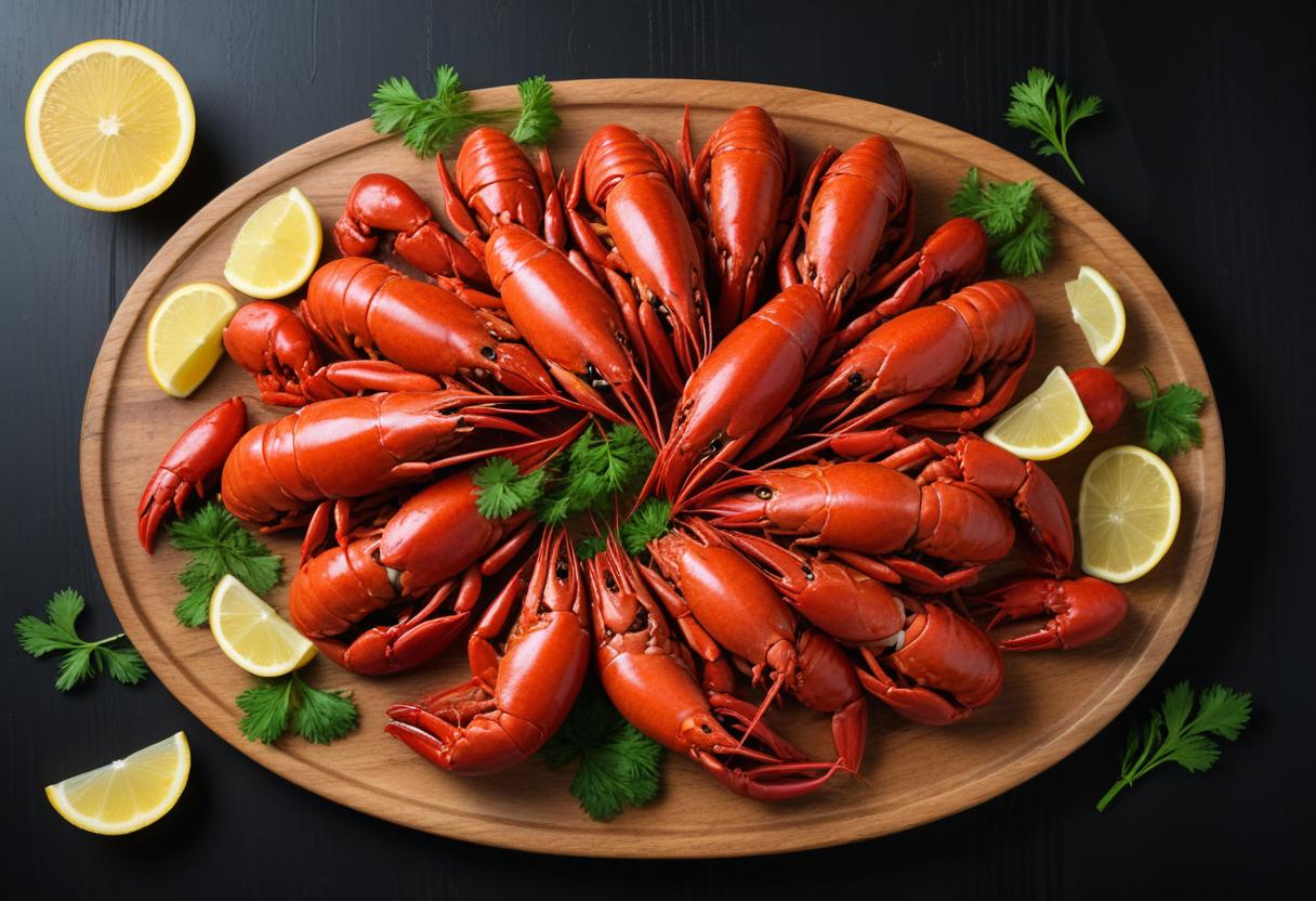 A platter of cooked crayfish, lemons, and parsley A platter of cooked crayfish, lemons, and parsley