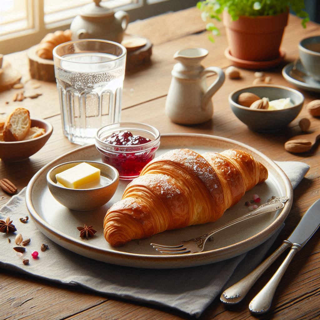 Croissant with butter, jam, and water on wood table Croissant with butter, jam, and water on wood table