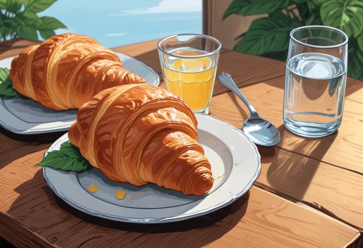 Two croissants and drinks on a wooden table Two croissants and drinks on a wooden table