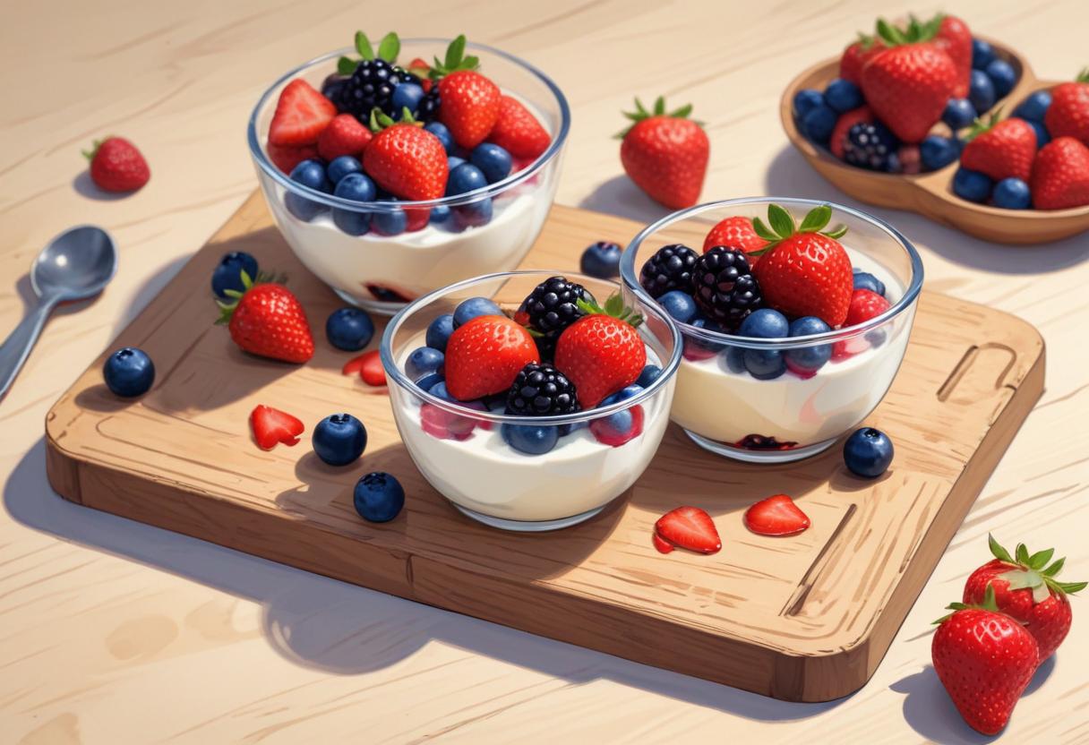 Three yogurt bowls with berries on a wooden board Three yogurt bowls with berries on a wooden board