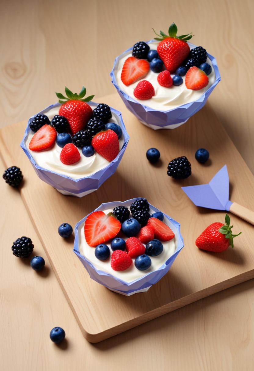 Three yogurt bowls with berries on a wooden table Three yogurt bowls with berries on a wooden table