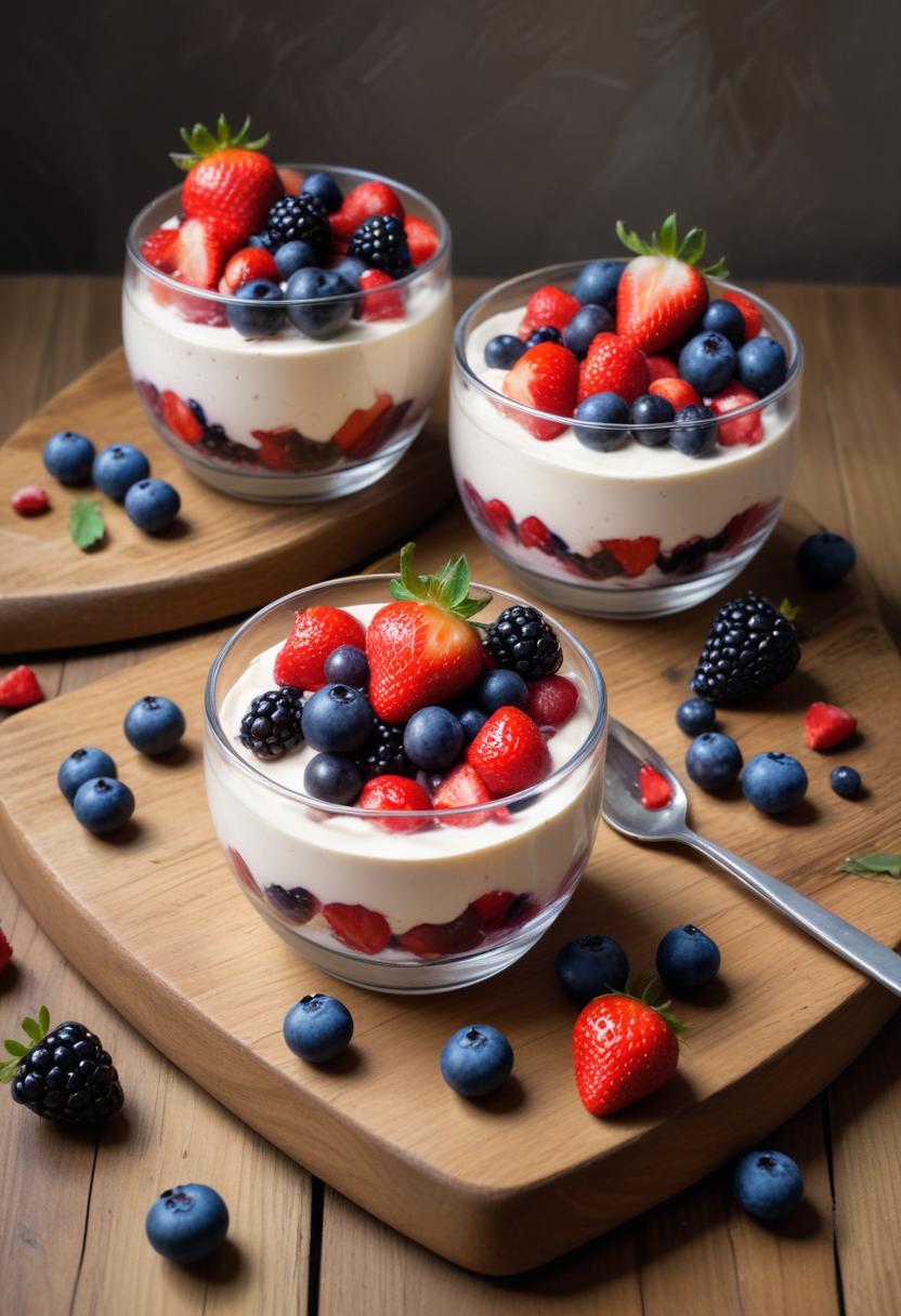 Three parfaits with yogurt and berries on a wooden board Three parfaits with yogurt and berries on a wooden board