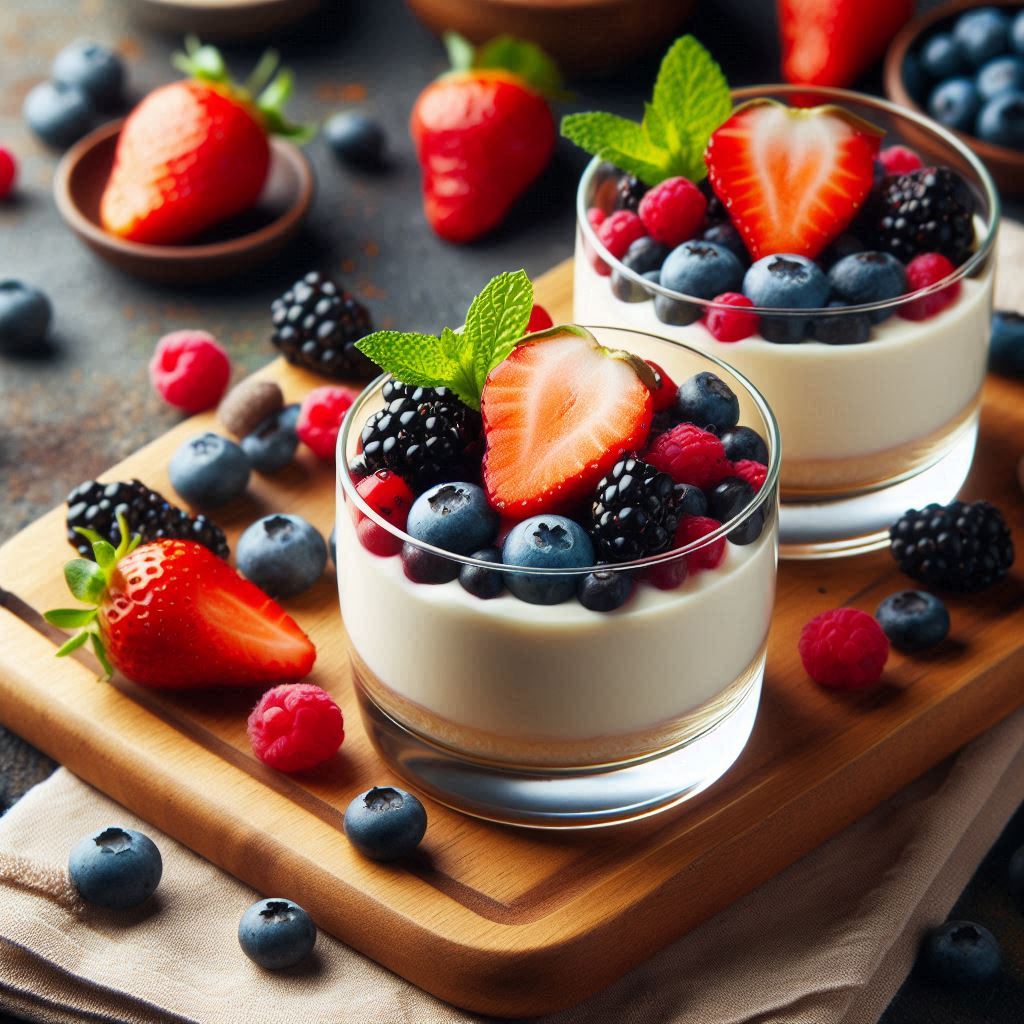 Two glasses of berry parfaits with mint on a wooden board Two glasses of berry parfaits with mint on a wooden board