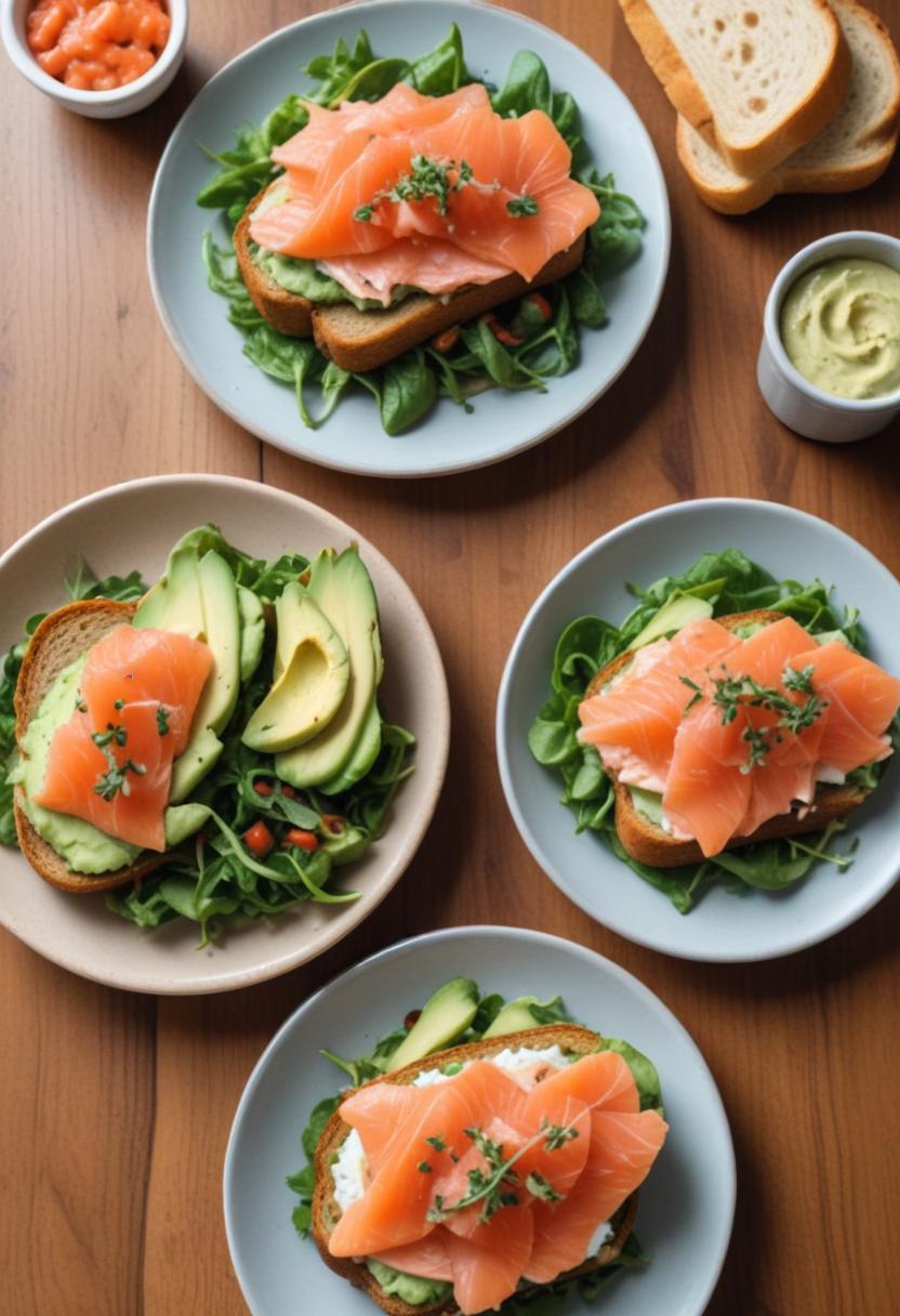 Four salmon avocado toasts are ready to eat Four salmon avocado toasts are ready to eat