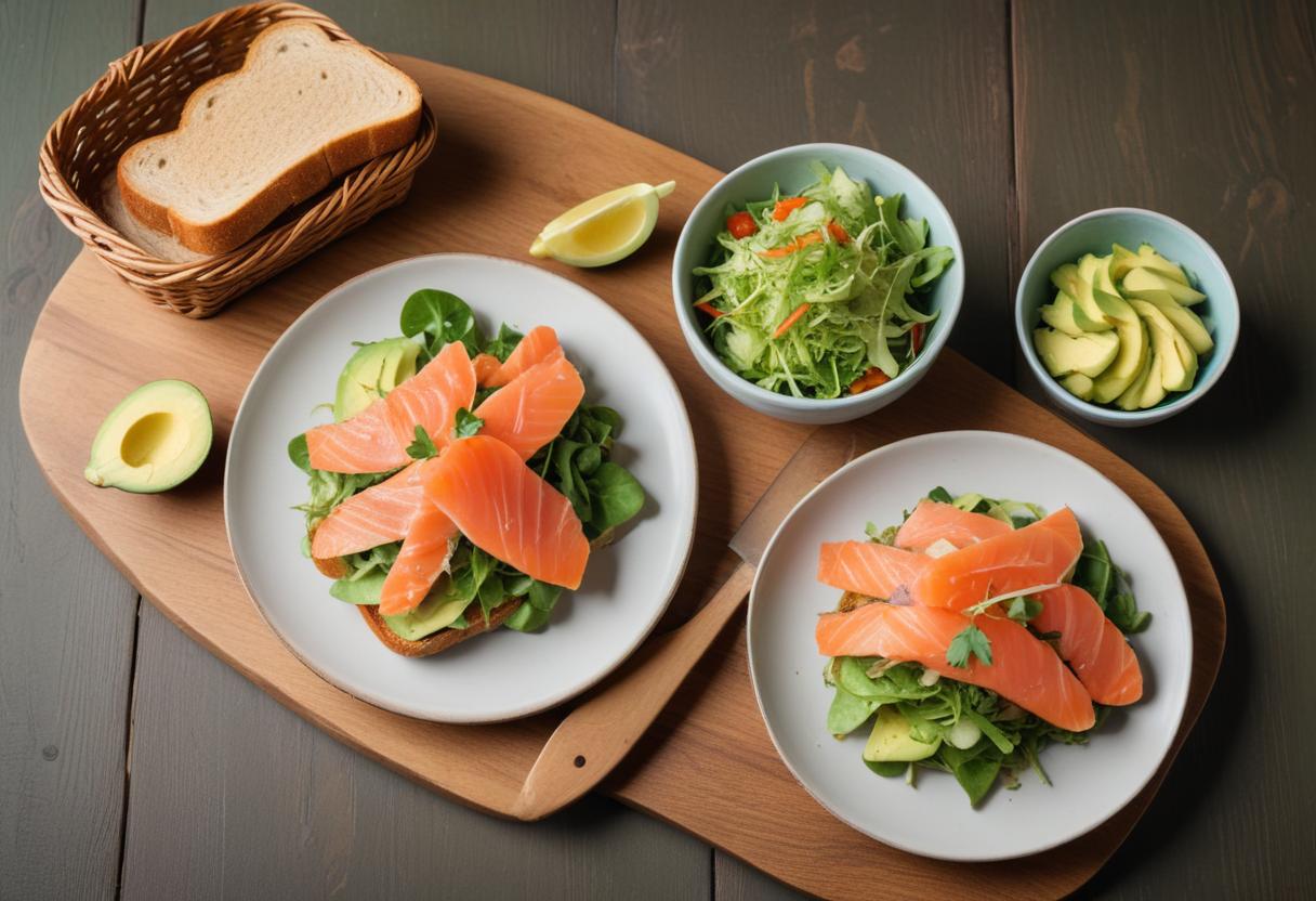 Smoked salmon and avocado on toast with salad Smoked salmon and avocado on toast with salad