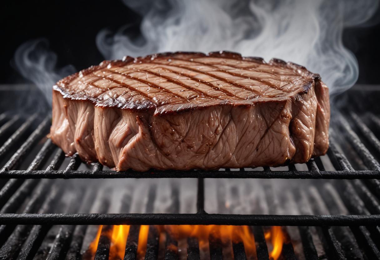 A juicy steak grilling over an open fire A juicy steak grilling over an open fire
