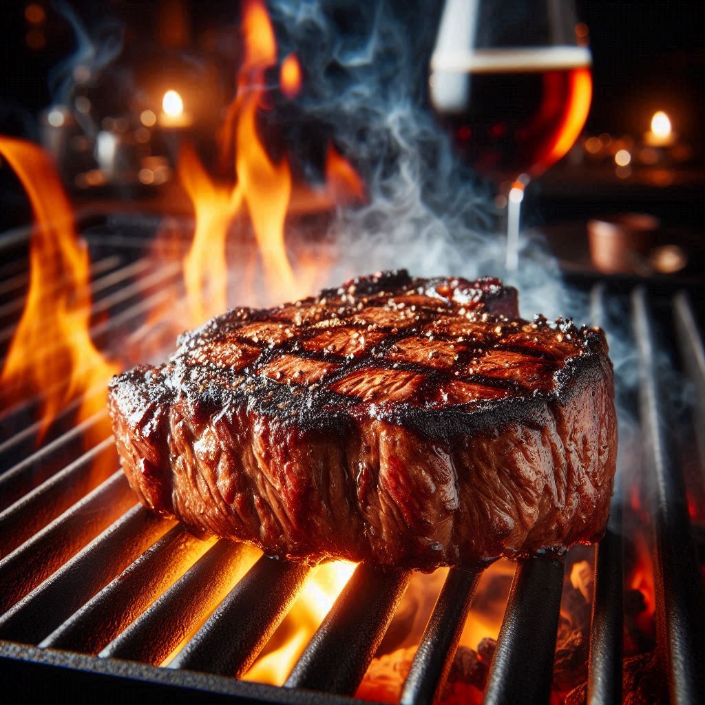 A juicy steak grilling over flames A juicy steak grilling over flames