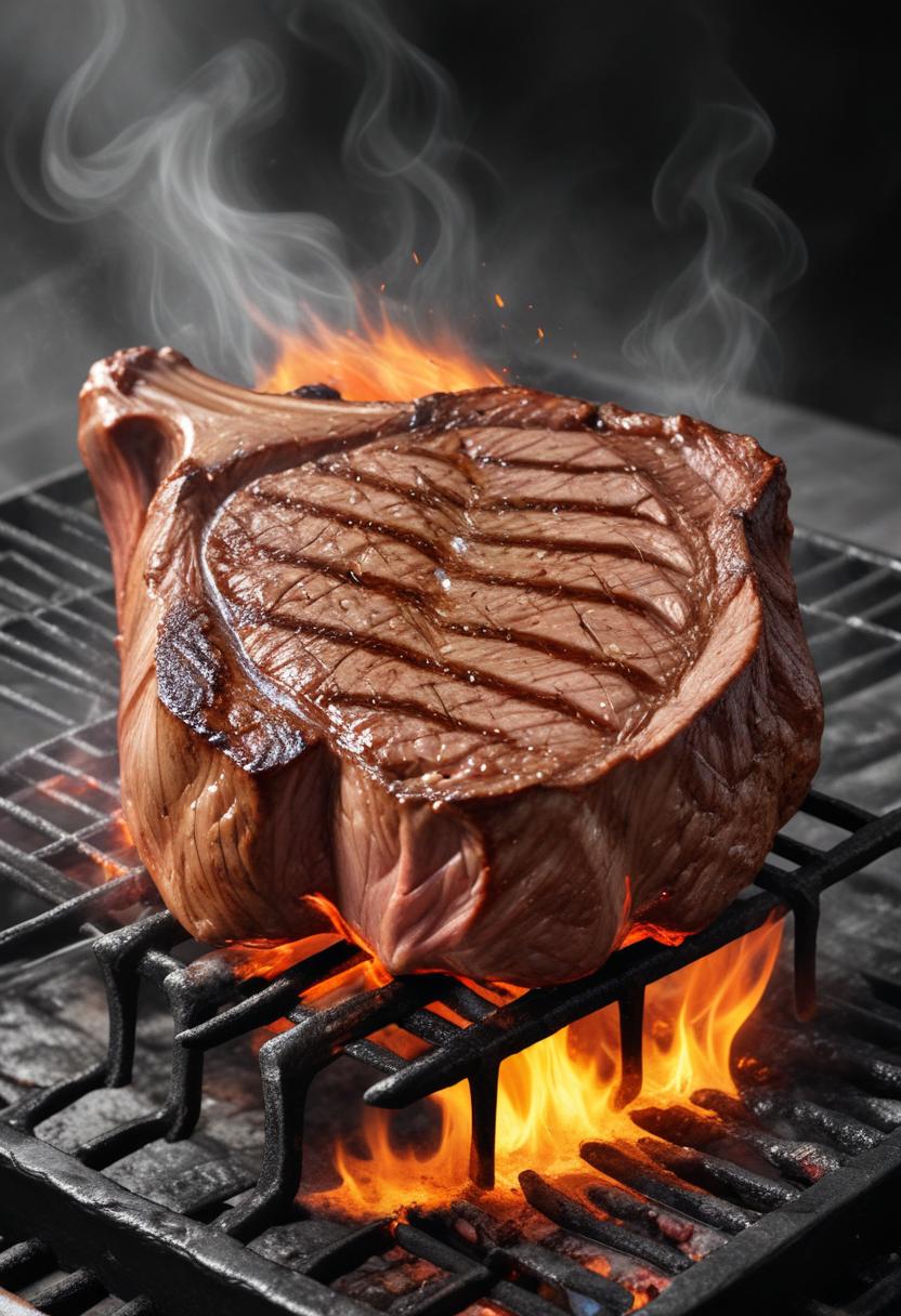 A thick steak is grilling over flames A thick steak is grilling over flames