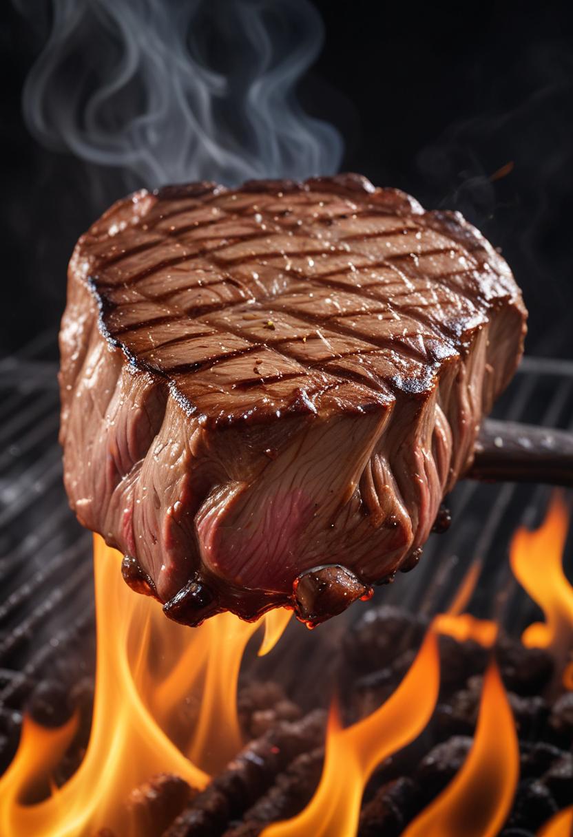 A perfectly grilled steak is held above the flames A perfectly grilled steak is held above the flames