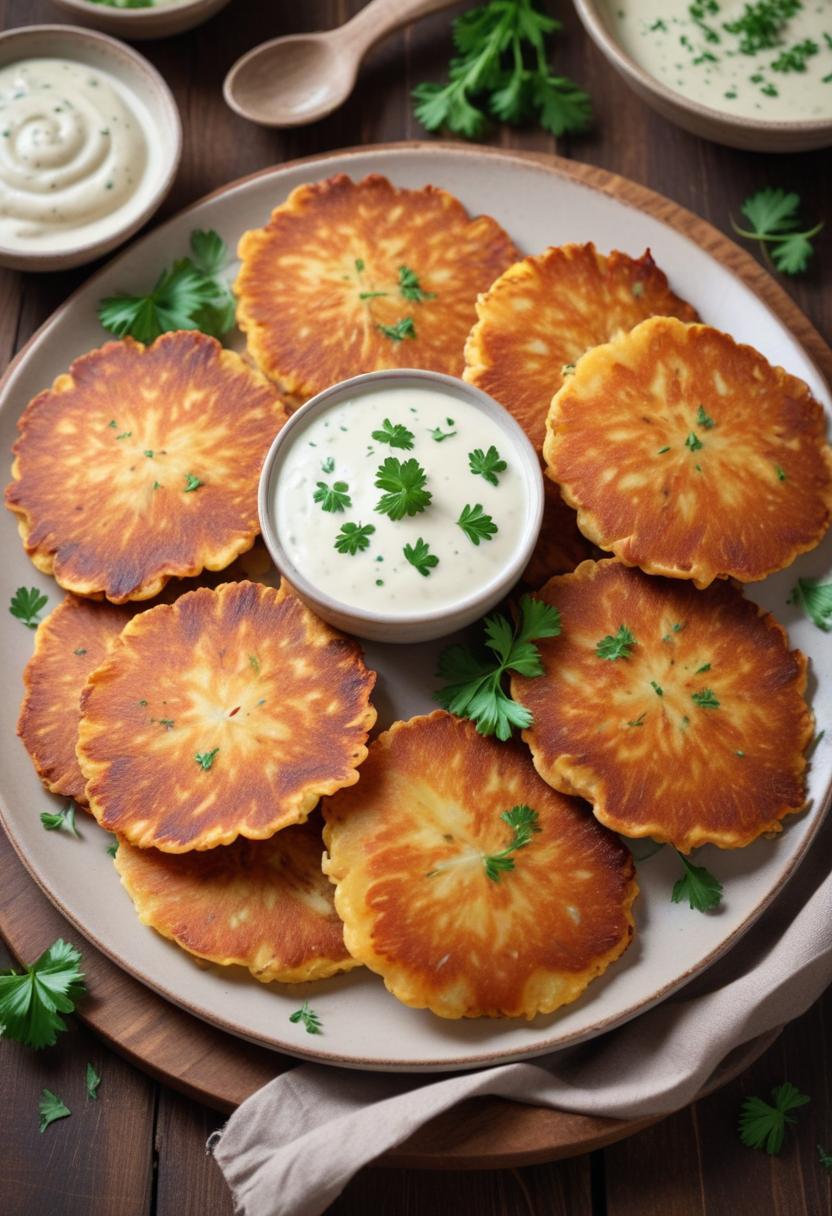 Crispy fried squash fritters with creamy herb sauce Crispy fried squash fritters with creamy herb sauce