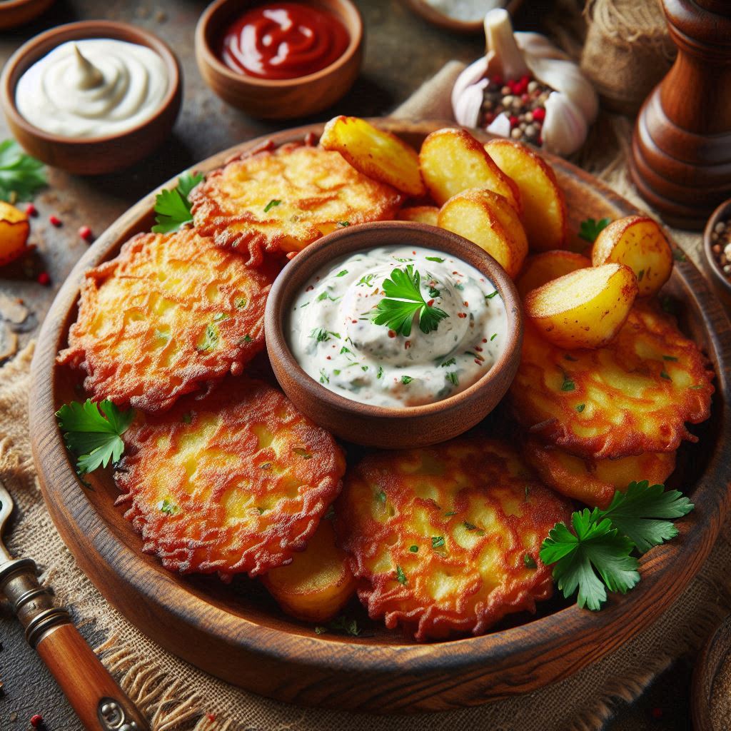 Crispy potato pancakes with creamy sauce Crispy potato pancakes with creamy sauce