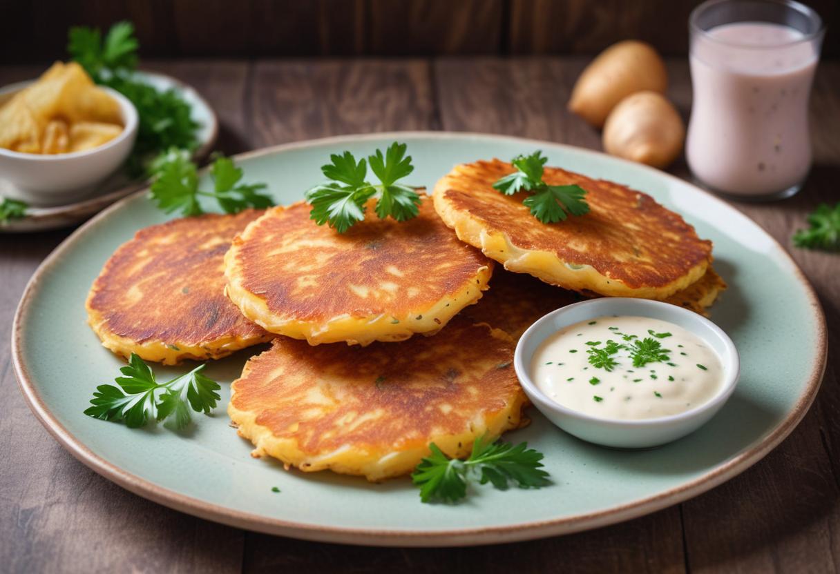 Crispy potato pancakes on a plate with sour cream Crispy potato pancakes on a plate with sour cream
