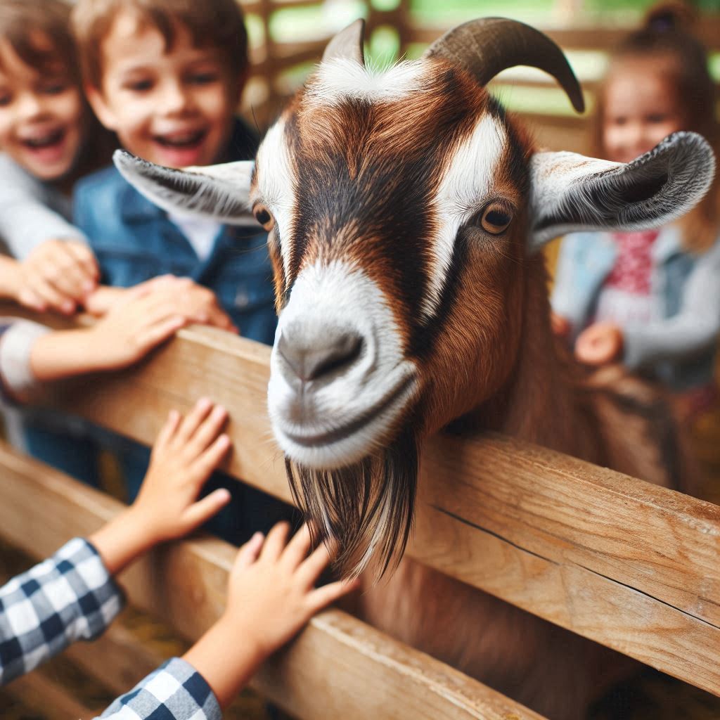 A goat gazes at kids through a wooden fence A goat gazes at kids through a wooden fence