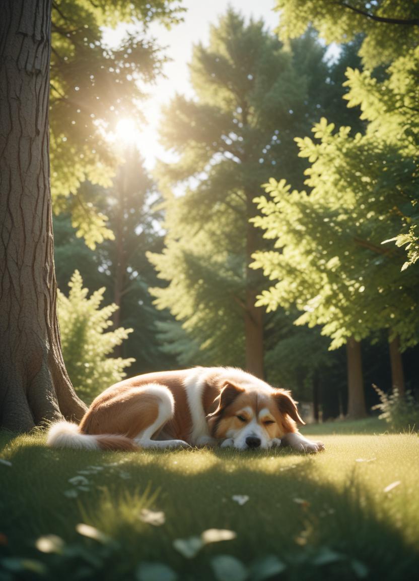 A dog naps in the shade of a tree on a sunny day