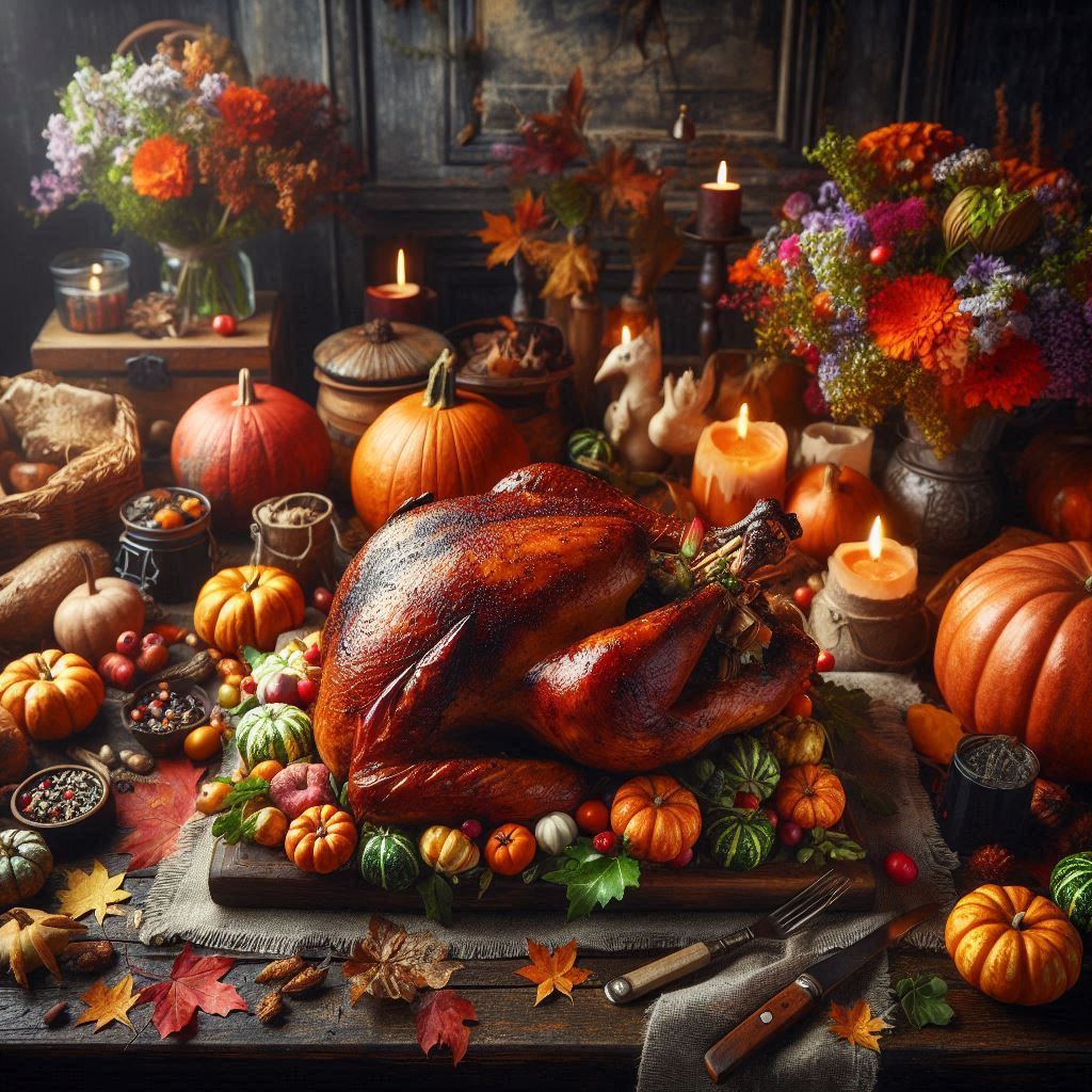 Roasted turkey on a table with pumpkins and leaves Roasted turkey on a table with pumpkins and leaves
