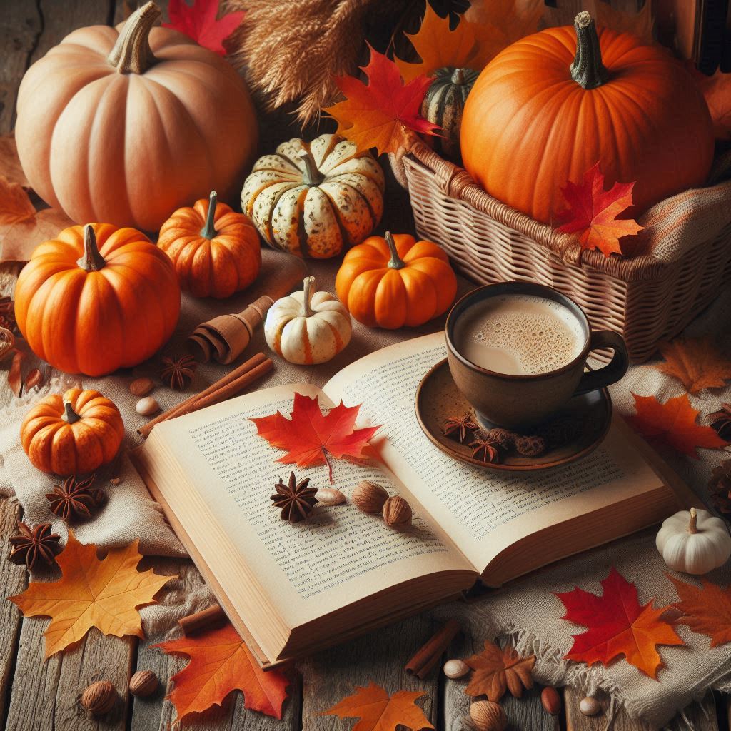 Cozy autumn: pumpkins, leaves, and warm drinks Cozy autumn: pumpkins, leaves, and warm drinks