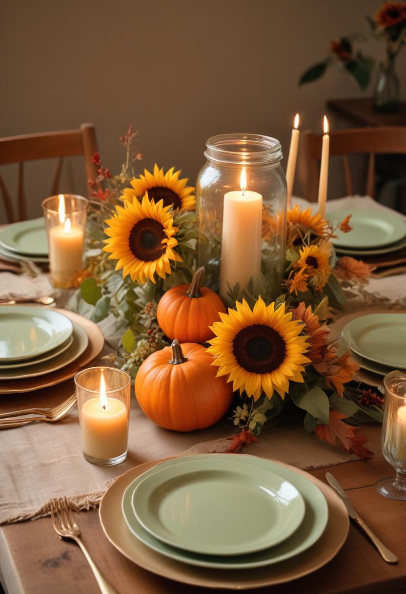 A fall table setting with sunflowers, pumpkins, and candles A fall table setting with sunflowers, pumpkins, and candles