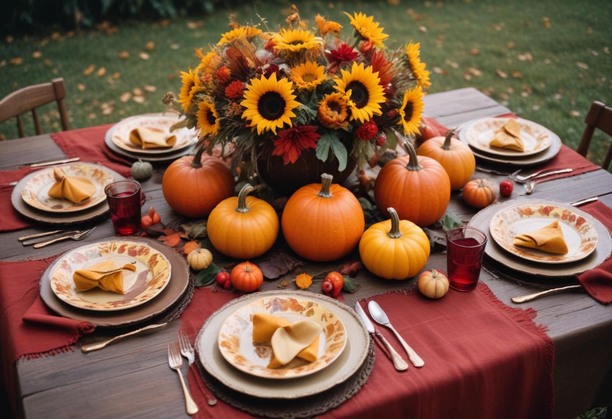 A rustic autumn table setting with pumpkins and sunflowers A rustic autumn table setting with pumpkins and sunflowers