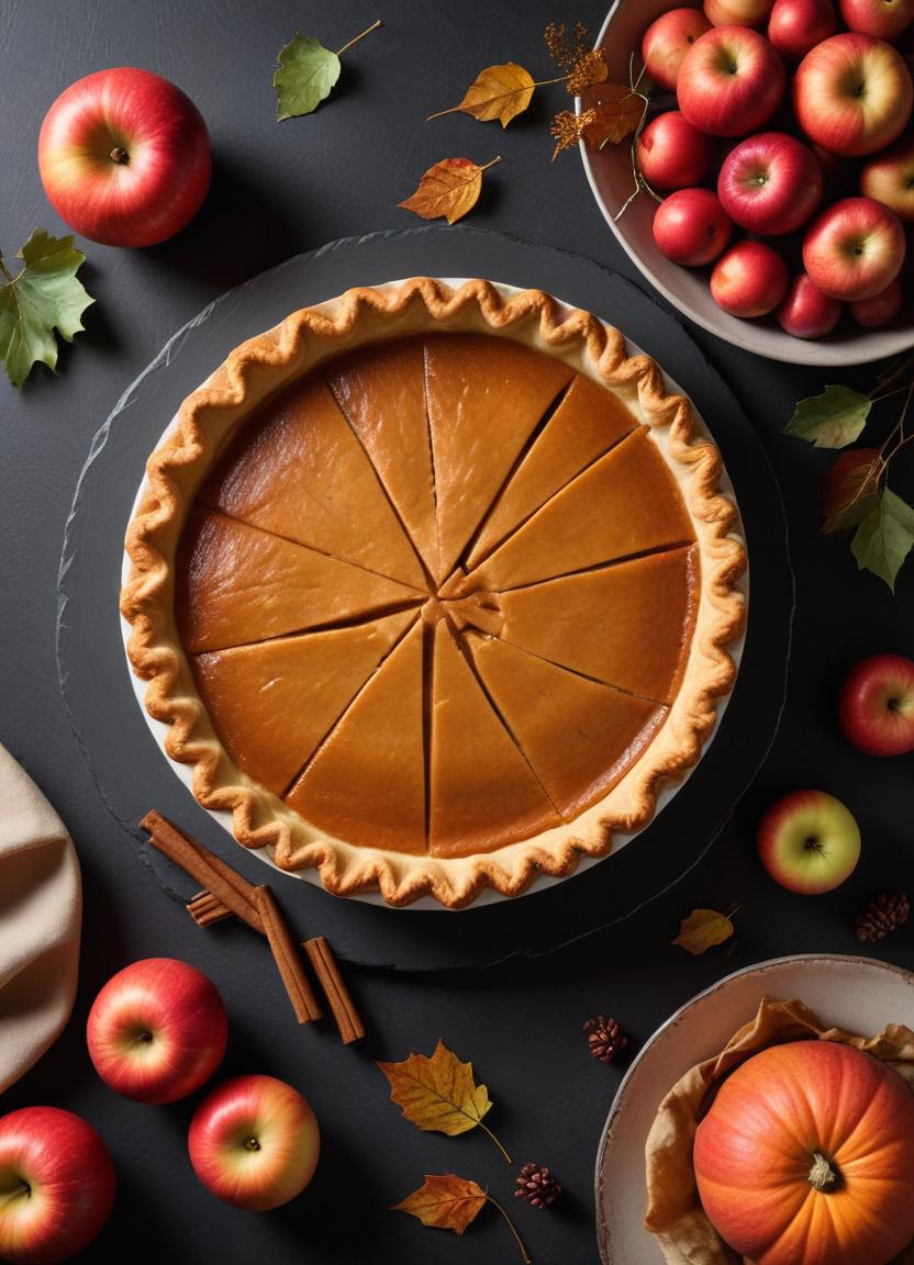 Pumpkin pie ready to serve with apples and cinnamon Pumpkin pie ready to serve with apples and cinnamon