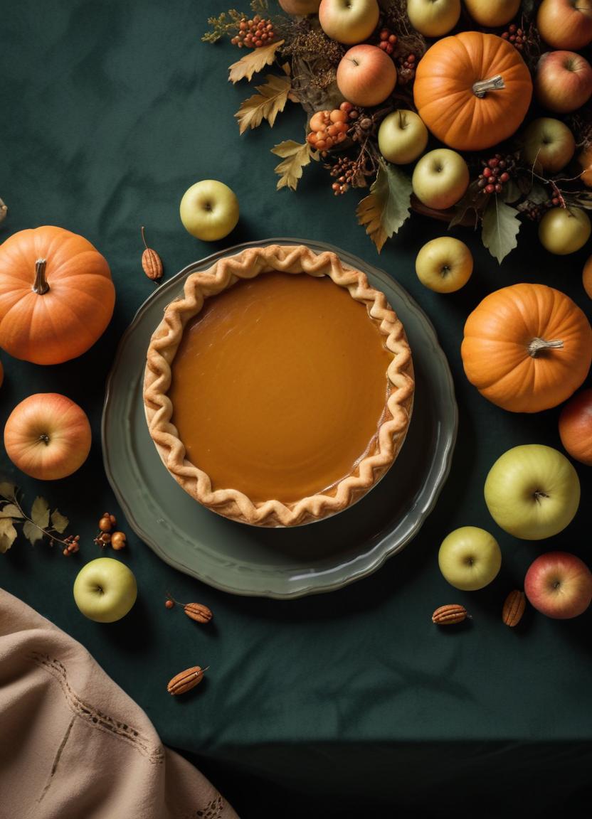 A pumpkin pie on a table surrounded by fall fruit A pumpkin pie on a table surrounded by fall fruit