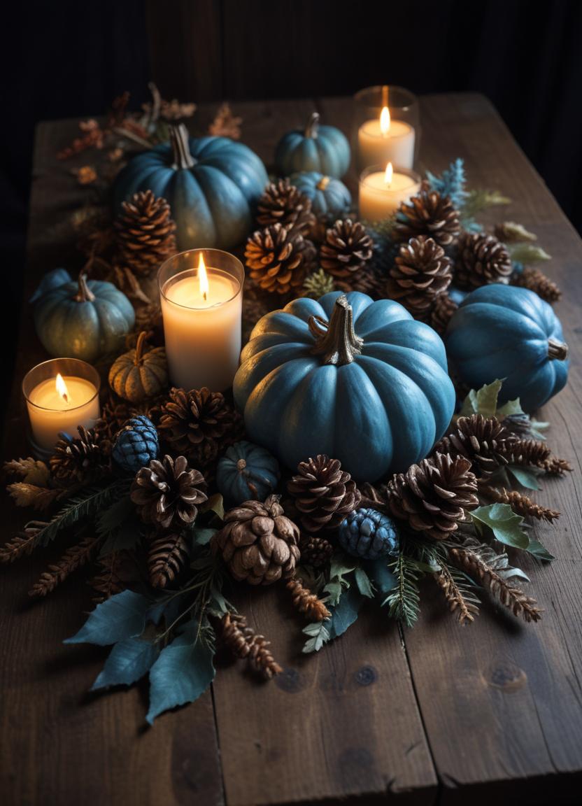 Blue pumpkins and candles make a festive centerpiece Blue pumpkins and candles make a festive centerpiece