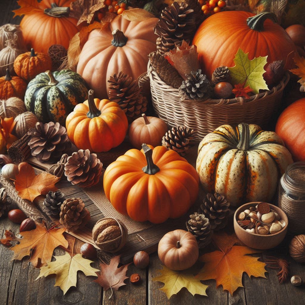 Pumpkins, pine cones, and leaves create fall cheer Pumpkins, pine cones, and leaves create fall cheer