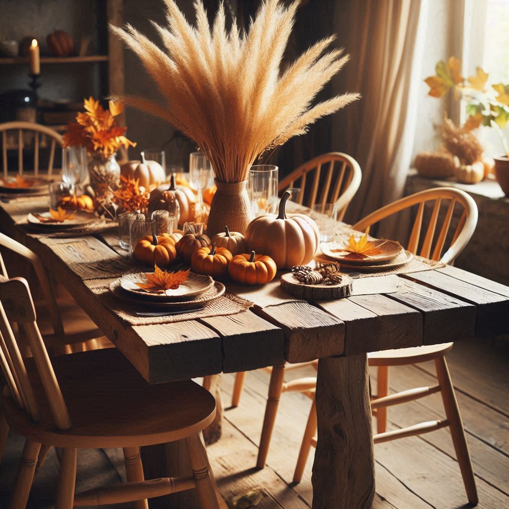 A rustic table setting with pumpkins and fall foliage A rustic table setting with pumpkins and fall foliage
