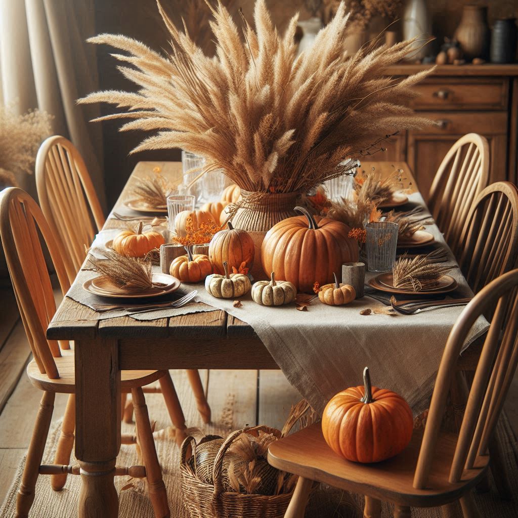 Cozy fall table with pumpkins and pampas grass Cozy fall table with pumpkins and pampas grass