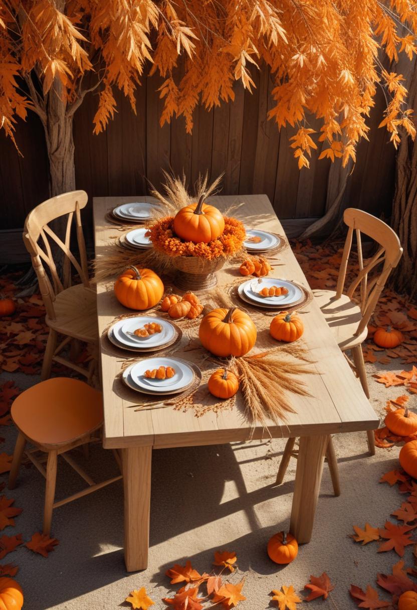A fall-themed table setting with pumpkins and leaves A fall-themed table setting with pumpkins and leaves