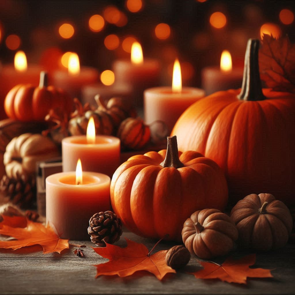 Pumpkins and candles create a warm, autumnal scene Pumpkins and candles create a warm, autumnal scene