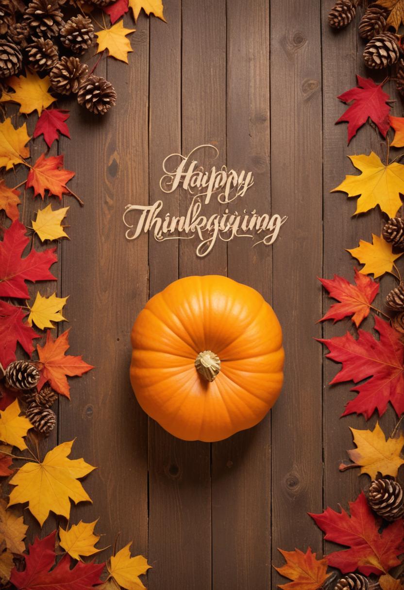 A pumpkin sits on a wooden surface with fall leaves A pumpkin sits on a wooden surface with fall leaves