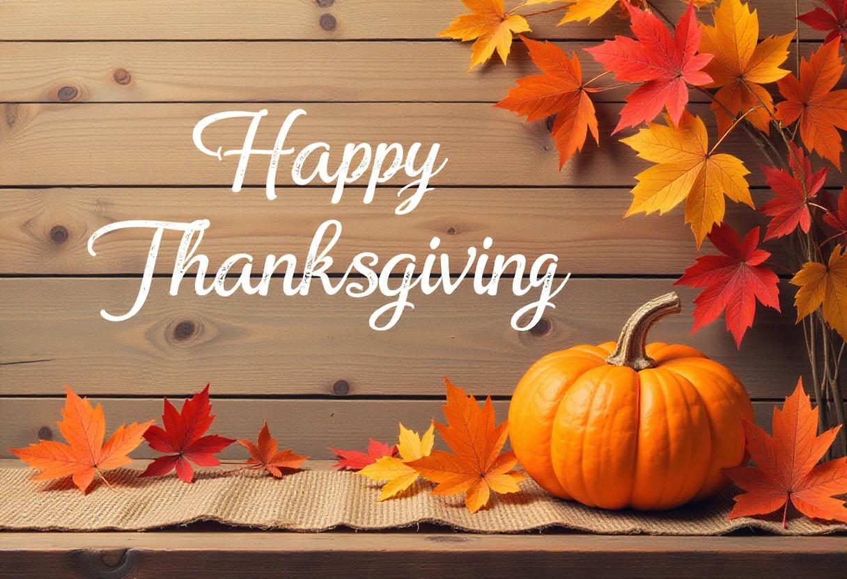 Happy thanksgiving with a pumpkin and autumn leaves Happy thanksgiving with a pumpkin and autumn leaves