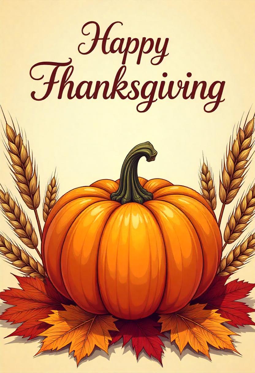 Thanksgiving with pumpkin, wheat, and autumn leaves Thanksgiving with pumpkin, wheat, and autumn leaves