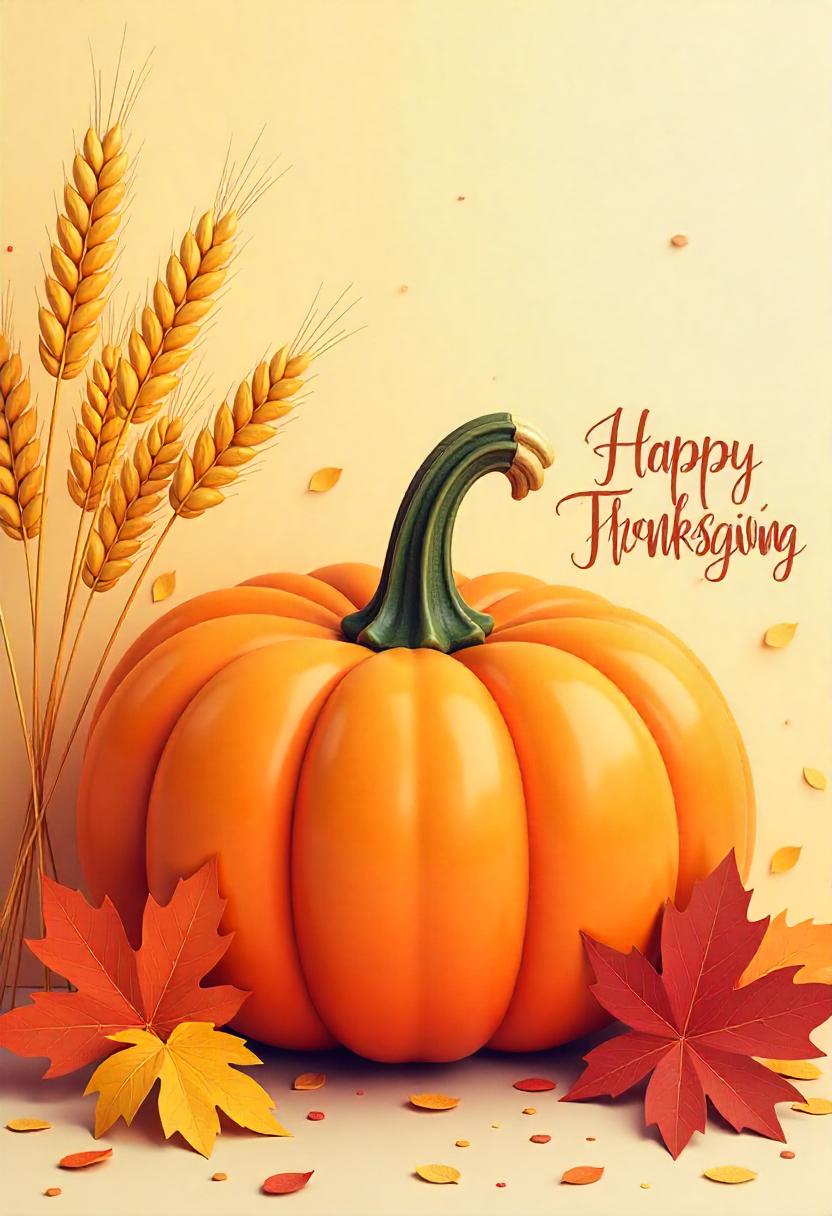 Orange pumpkin on table with wheat and leaves Orange pumpkin on table with wheat and leaves