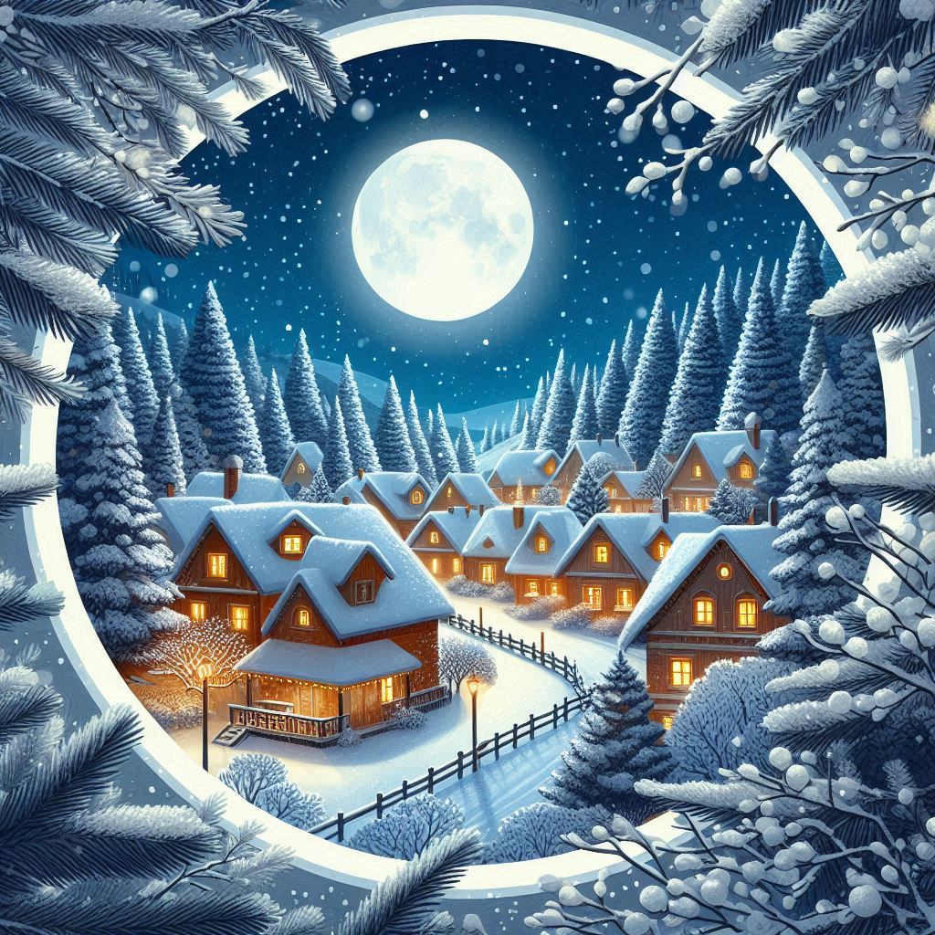 A snowy village under a full moon A snowy village under a full moon