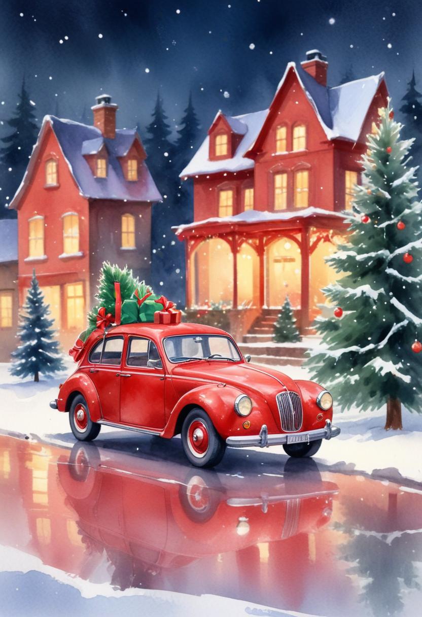 Red car with a tree drives down snowy street at night Red car with a tree drives down snowy street at night